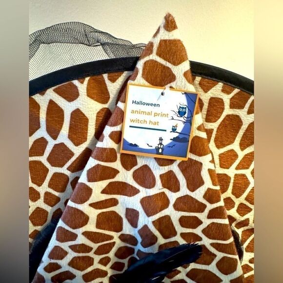 Giraffe Print Witch Hat with Veil | Unique Halloween Costume Accessory - Picture 3 of 4